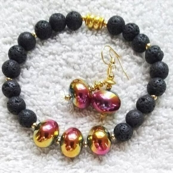 GIFT SET! Magenta Rose Gold + Lava Rock Beads ~ Vibrant Bold Bracelet + Earrings - Picture 10 of 12
